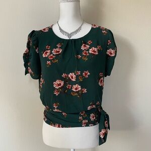 Beautiful OLM brand green floral blouse with side tie size small